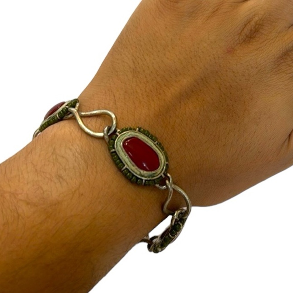 VINTAGE LIZ CLAIBORNE BRACELET RED‎ SILVER TONE WITH TEAL GREEN BEADS